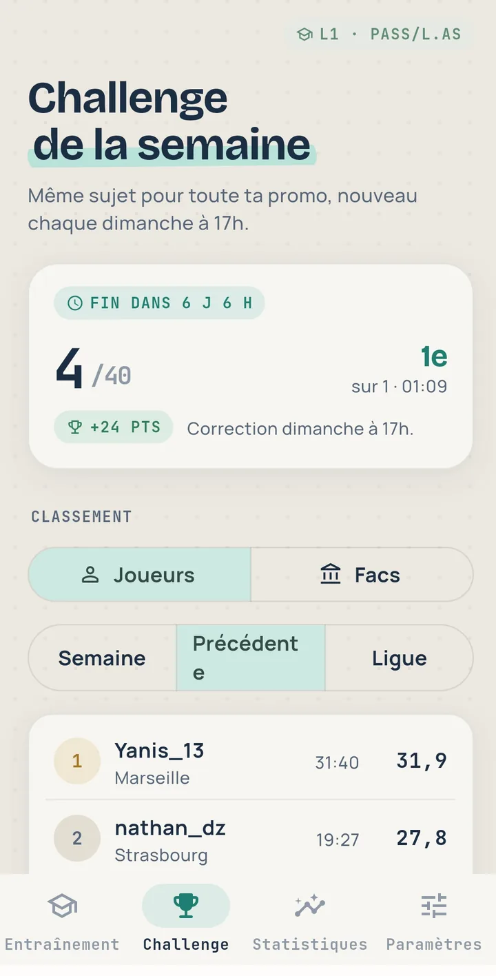 Challenge de la semaine : note sur 40 et classement des joueurs