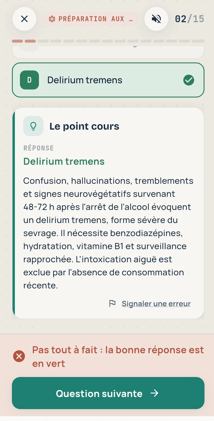 Correction avec le point de cours sous la bonne réponse