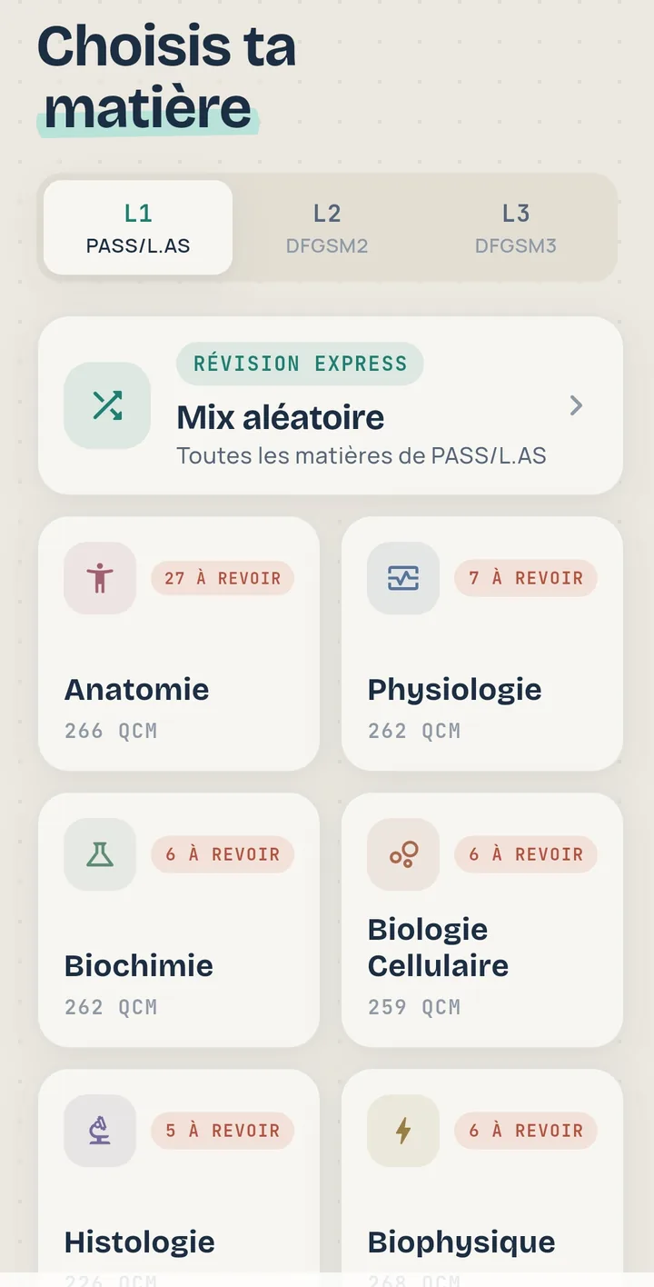 Choix de la matière par année, avec le nombre de questions à revoir