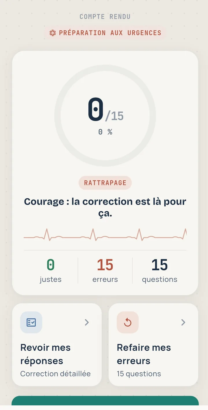 Écran de résultats avec les boutons revoir mes réponses et refaire mes erreurs